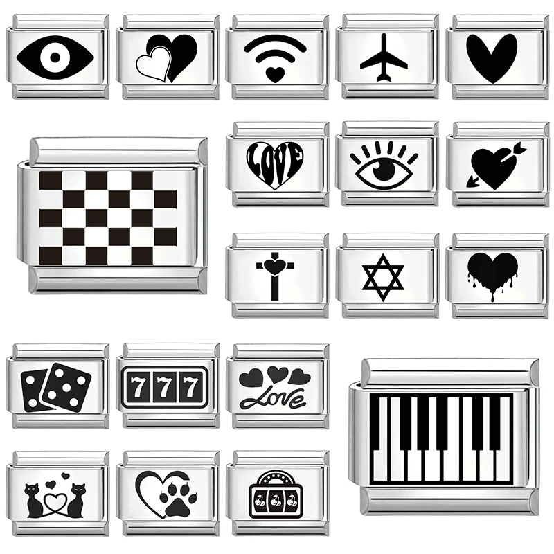 Black Piano Chess Boardlaser Engraving Links Fit 9mm Italian Charms Bracelet Jewelry DIY Making Gifts