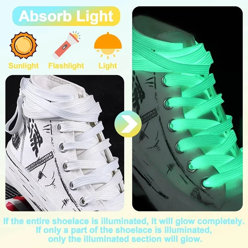 1 Paar flache, leuchtende Schuhbänder, die im Dunkeln leuchten, neonfarbene Schuhbänder für Sneaker, neu. – Detail 1