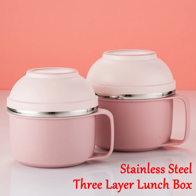 

METKA Lunch Box Stainless Steel Three-layer Handle Portable Bento Box Soup Food School Office Instant Noodle Lunch Box For Women