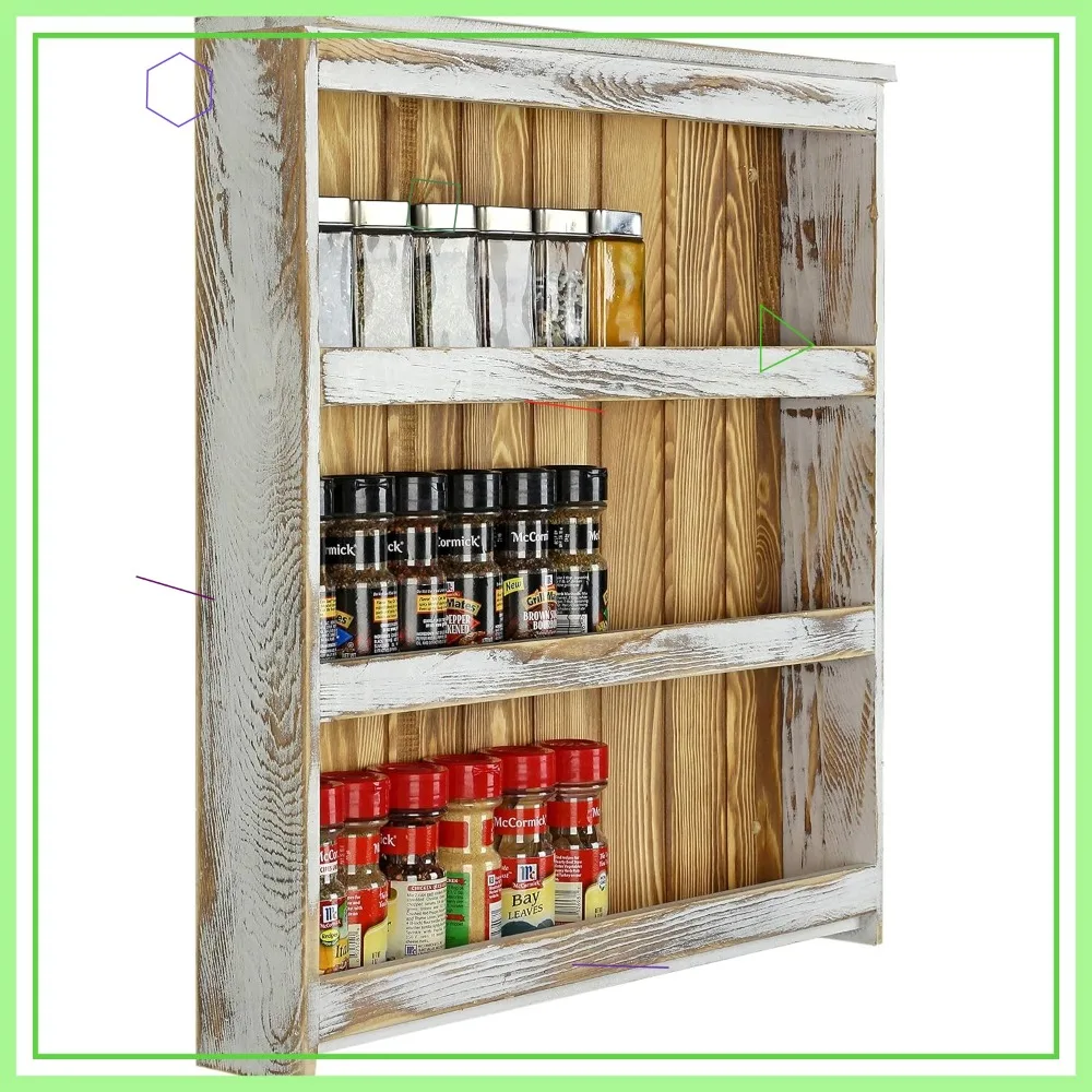 

Трехуровневая настенная полка для специй, деревянная полка в деревенском стиле для хранения на кухне, белая отделка под старину