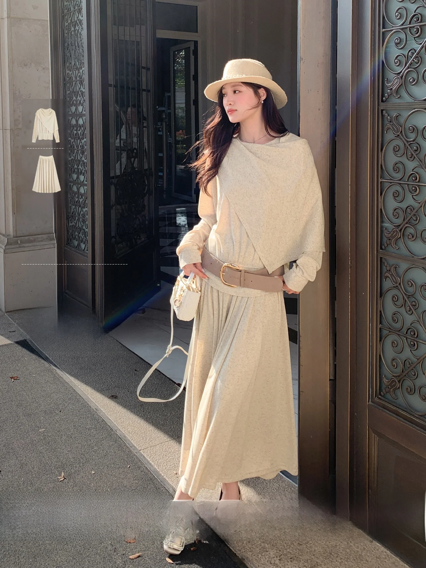 

Ele mat Women's Spring Outfit High Waist Skirt And Loose Top Set Breathable Long Sve Casual Faion Ensemble