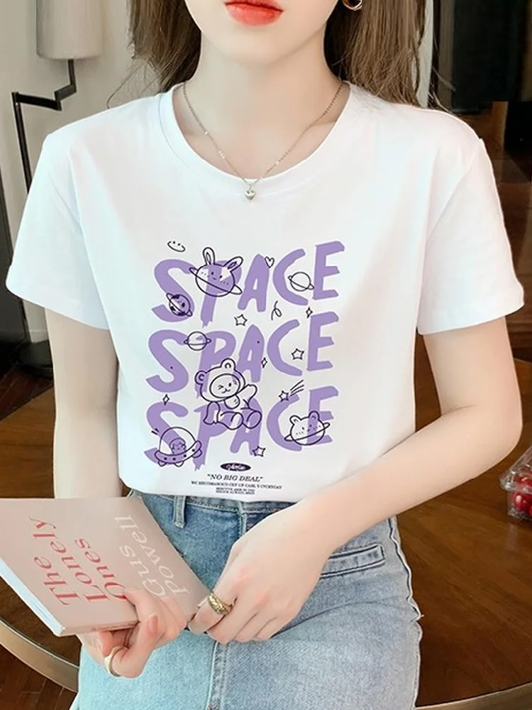 

TuangBiang Summer 2022 Women Loose Space Printing Cotton T-Shirt Korean Casual O-Neck Short Sleeve Tee Fashion Female Hiphop Top