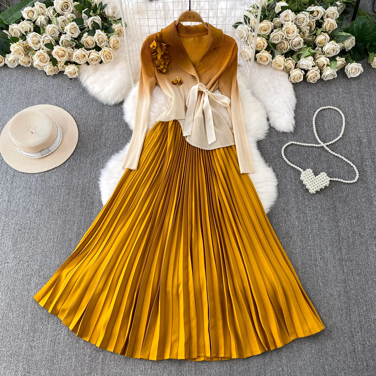 

Elegant Vintage patchwork Ruched Party Vesditod dress Korean Fashion Women Clothes ceremony dresses
