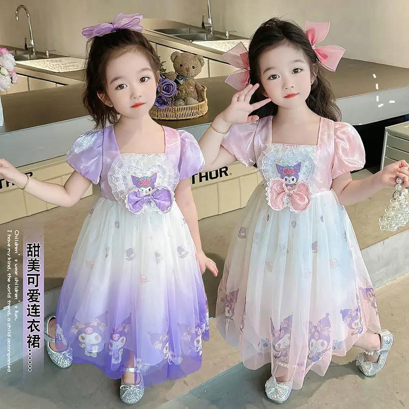 

Новое платье для девочек Kawaii Sanrio Kuromi, юбка принцессы, пышная юбка с короткими рукавами и рисунком Лолиты, одежда для ролевых игр, детский подарок