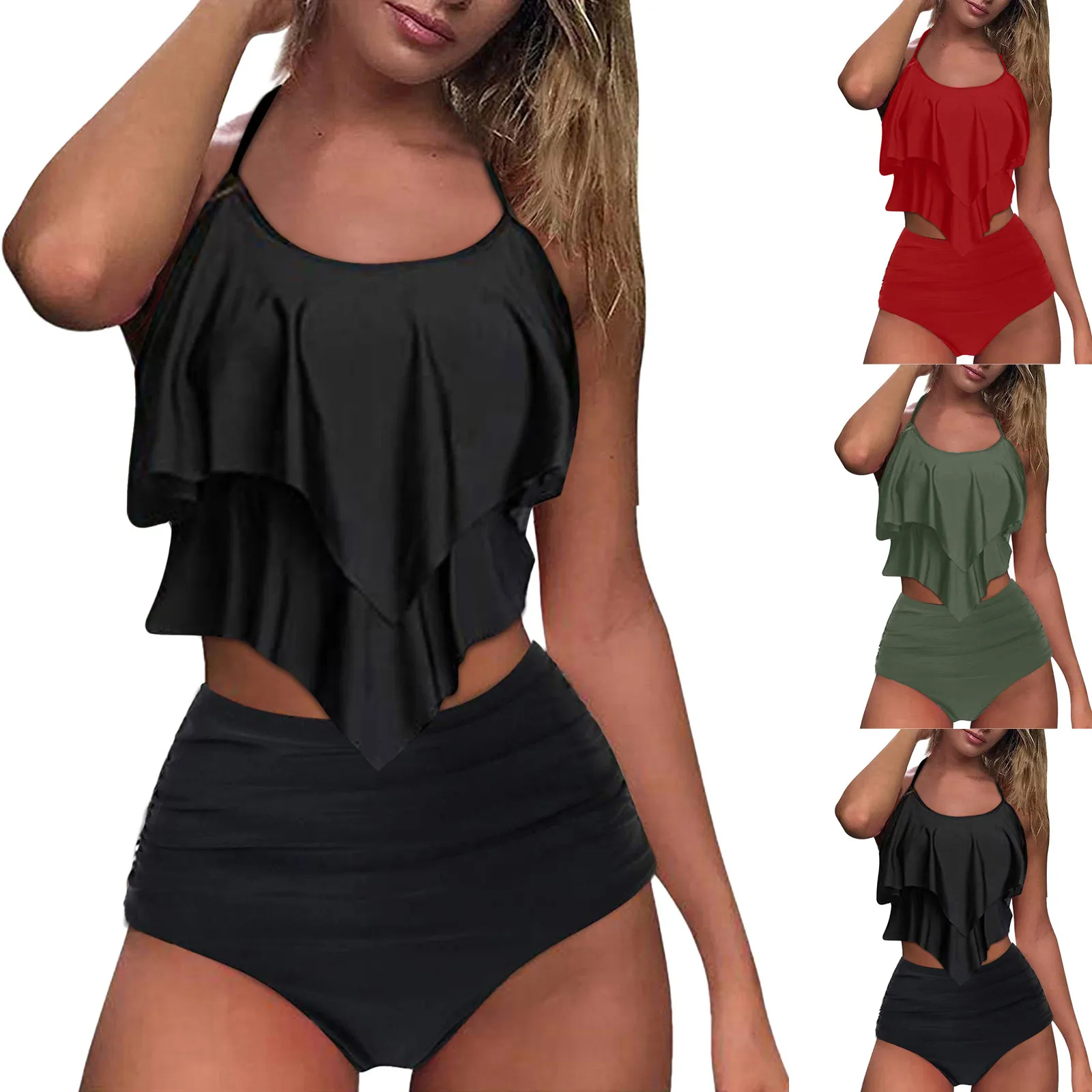 Conjunto de Tankini de cintura alta para Mujer, Bikini Sexy de Color sólido, Tankini de dos piezas, traje de baño Sexy de realce, traje de baño caliente Y2k para playa de verano