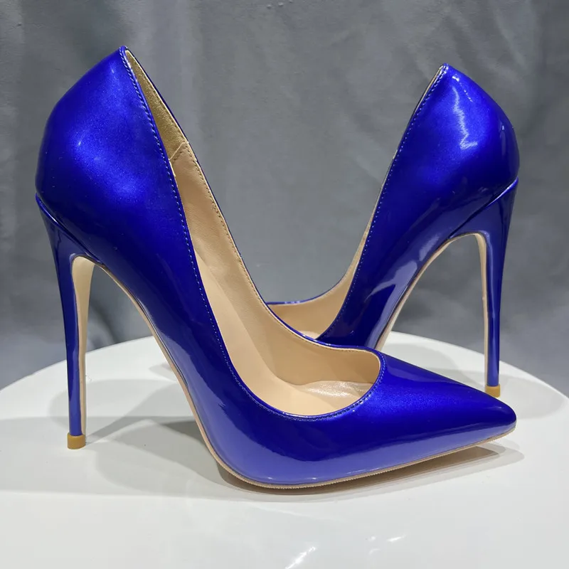 Tikicup Shiny Blue Women Patent Leather Pointy Toe High Heel Shoes for Evening Dress Formal Slip On Fashion Lady Stiletto Pumps