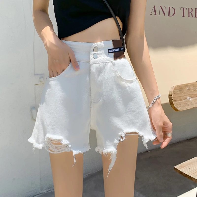 

Fashion Zipper Solid Color Hole Denim Casual Shorts Female Clothing 2024 Summer New Loose All-match High Waist Shorts