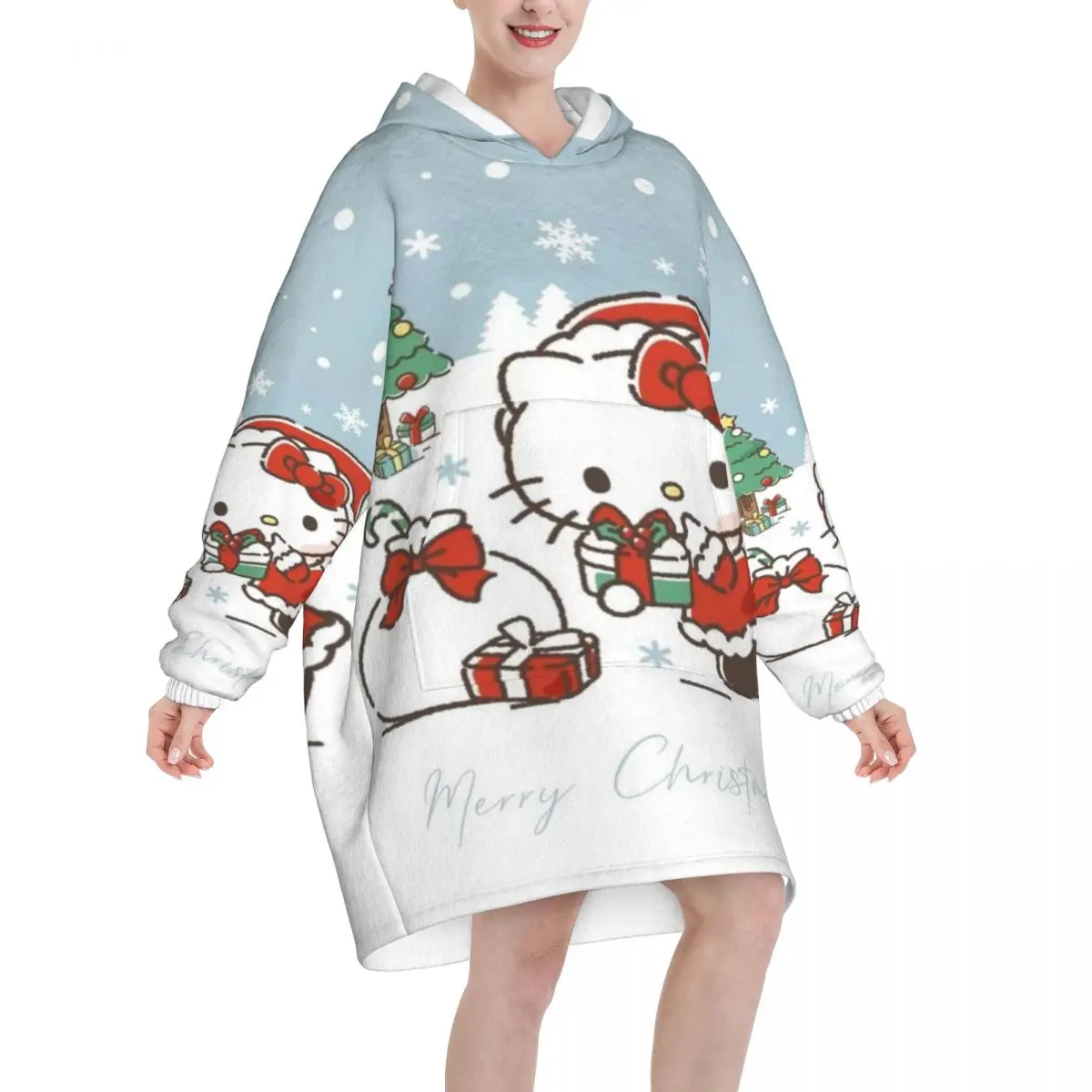 ハローキティ クリスマス 冬 雪柄 オーバーサイズ ブランケット パーカー スウェットシャツ ロング フリース フード付き ウェアブルブランケット 大きなポケット付き