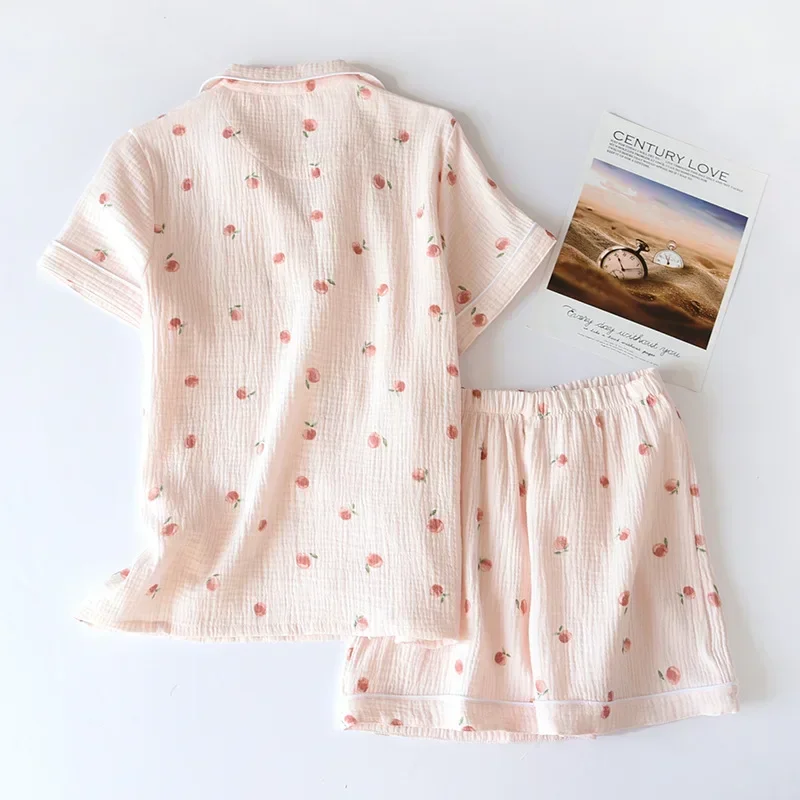 2024 Summer ladies short-sleeved shorts pajamas set 100% cotton crepe cloth thin home service two-piece spring and autumn loose