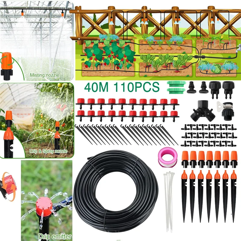 110PCS 131FT Drip Irrigation System Kit Automatic Garden Watering Misting System Greenhouse Yard Lawn Plant Flower Raised Bed