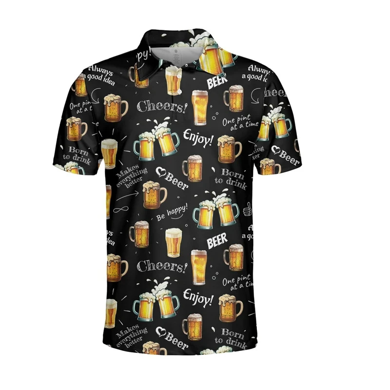 Beer Cheers! 3d Print Short Sleeve Polo Shirts For Men Clothes Hawaiian Button Polo Shirt Casual Streetwear Tops Men\'s Fashion