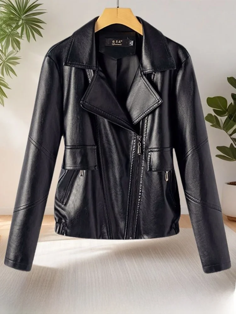 

Ning Genuine eepskin Leather Jaet ort Pure Color Women's Faion Spring Autumn Slimming Sli Outerwear