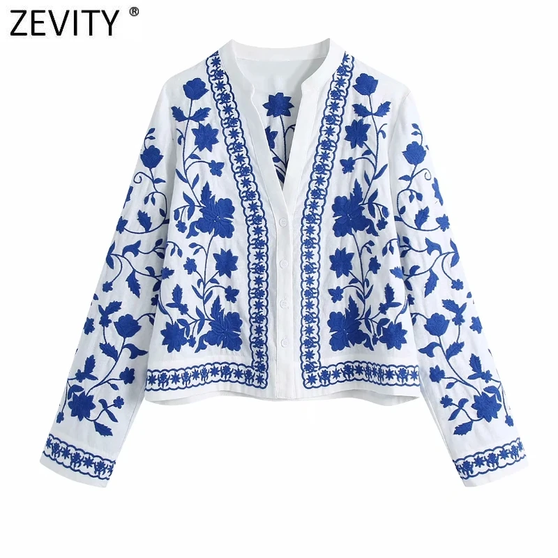 Zevity Women Vintage V Neck Blue and White Porcelain Embroidery Shirts Female Long Sleeve Kimono Blouse Roupas Chic Tops LS9193