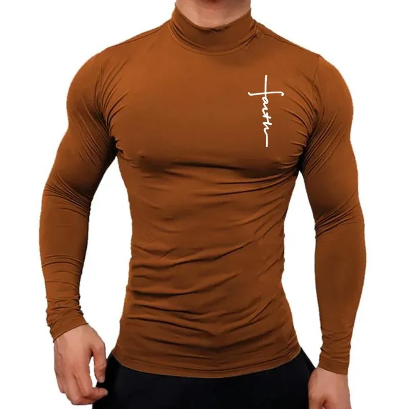 New Fashion Mens High Collar Long Sleeve T Shirt, Men\'s Fitness Workout Shirt Gym Training Tops Muscle Tees, Faith Graphic Tee