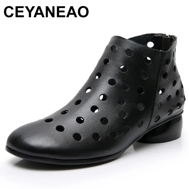 

Summer Ankle Boots Genuine Leather Shoes Women Med High Heel Back Zipper Boots Cutout breathable Mujer Zapatos