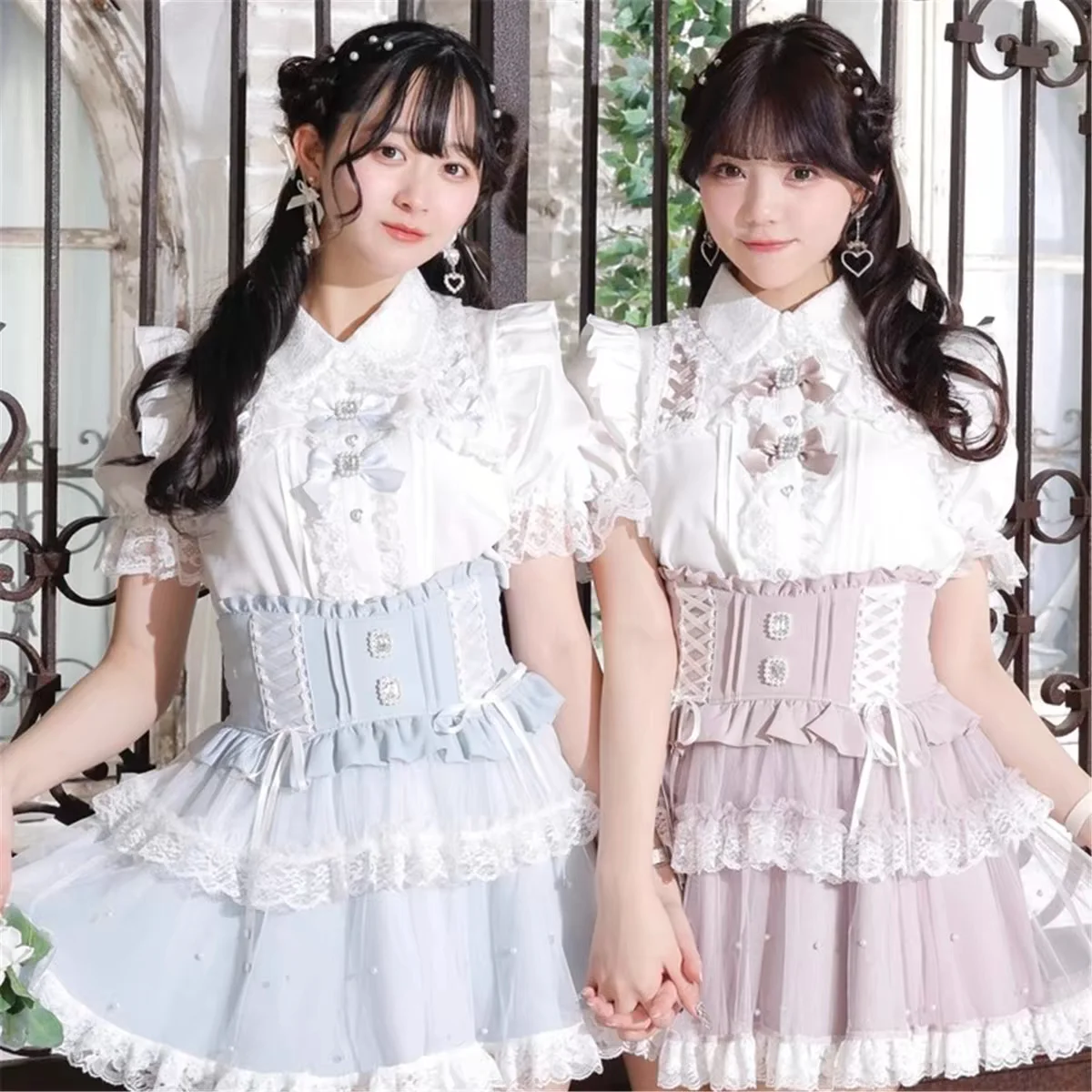 Japanese Summer Popular Lolita Sweet Girl Half Skirt with Big Bow At The Back Nail Bead Cake Chiffon Short Skirt for Women