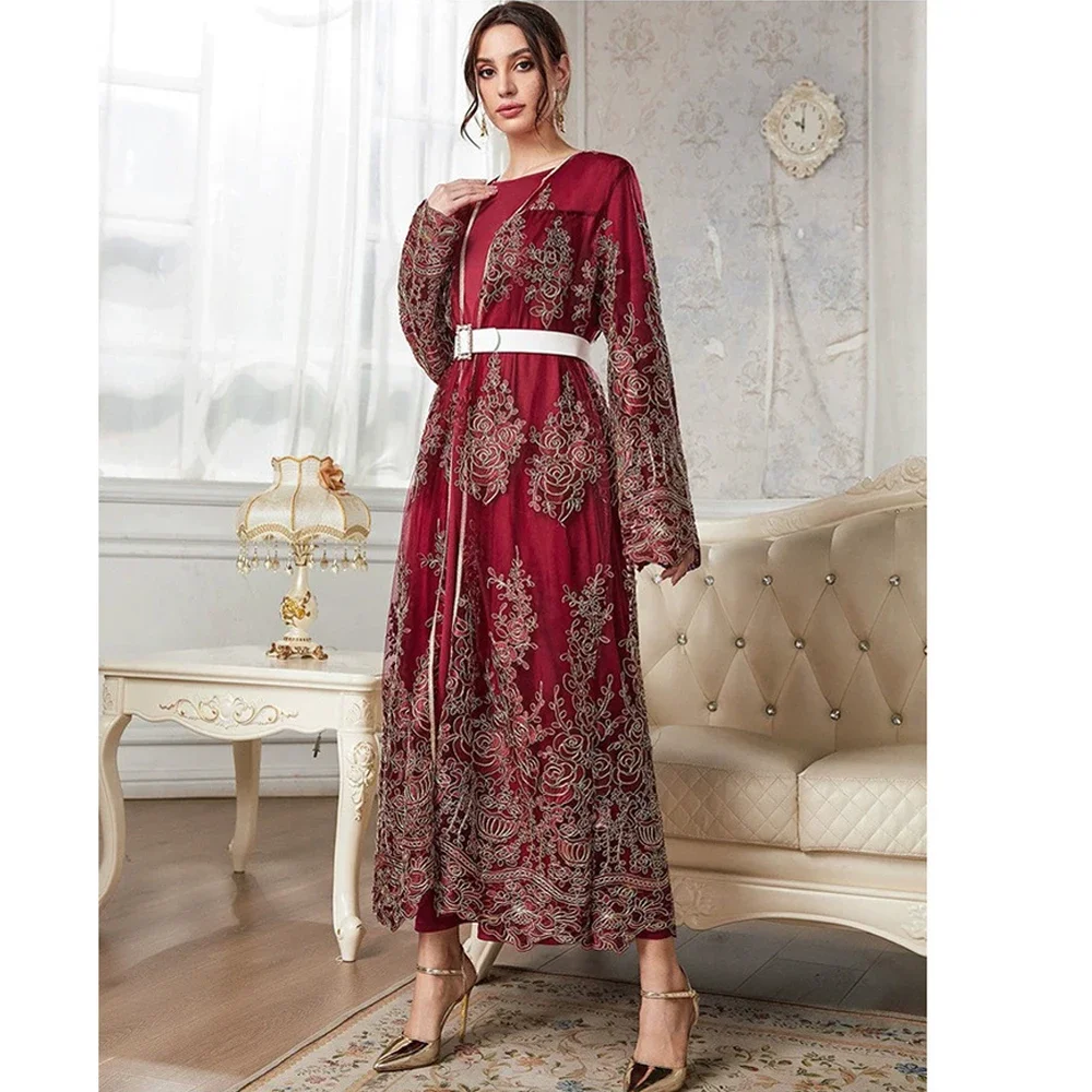 Embroidery Abaya Women Muslim Mesh Maxi Dress Ramadan Kimono Cardigan Marocain Kaftan 2 Piece Set Dubai Turkey Jalabiya Djellaba