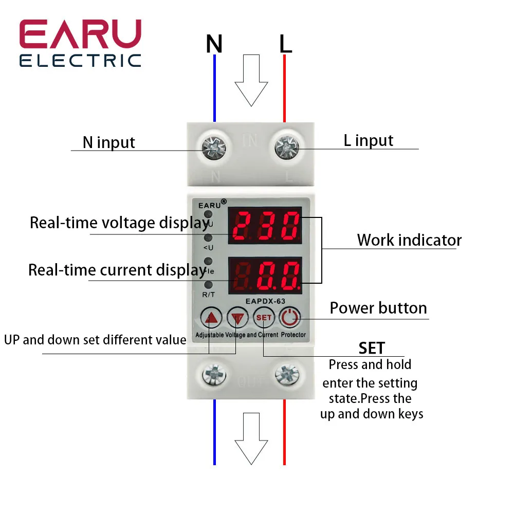 40A 63A 230V Din Rail Adjustable Over Voltage And Under Voltage Protective Device Protector Relay Over Current Protection Limit