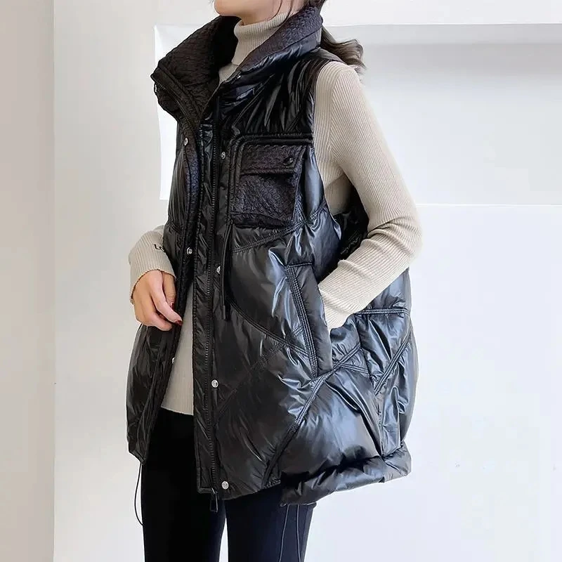 

Autumn Winter Parka Vest Jacket Women 2023New Short Solid Zipper Padded Sleeveless Glossy Down Cotton Waistcoat Coat Female Tops