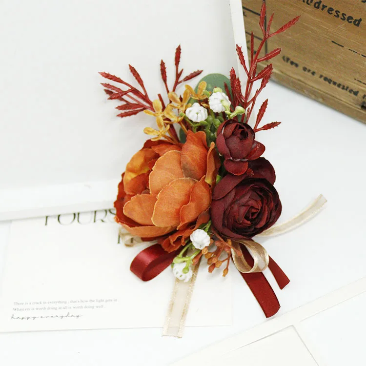 Karamell Wein rot künstliche Blume Business Feier Gast Bouton niere Blumen Handgelenk Corsage Hochzeit Accessoires – Detail 4