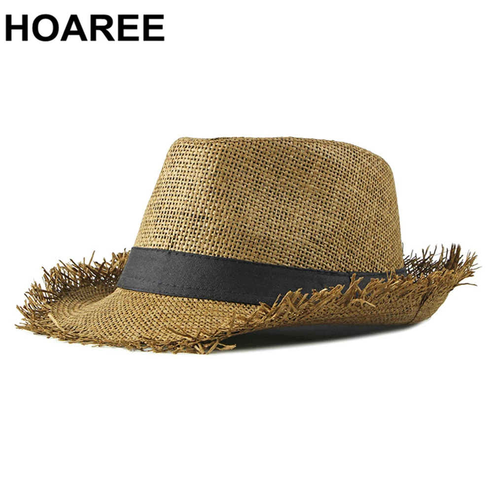 HOAREE Beach Hat Men Summer Panama Cap Casual Trilby Fedora Hat Male Straw Hat UV Protection Wide Brim Sombrero