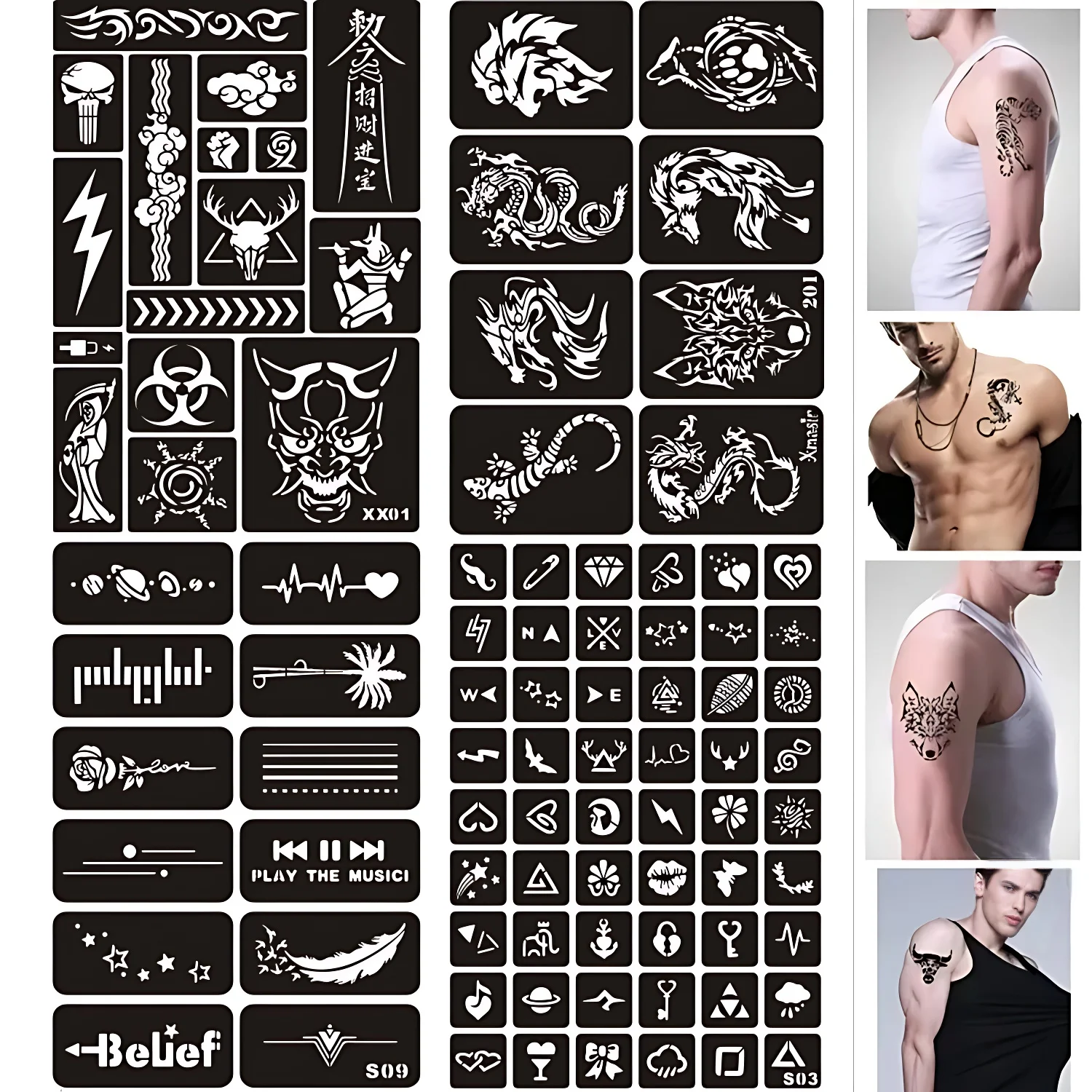 8-99 stks/set Arabische Henna Stencils voor Mannen Vrouwen Kid Letters Wolf Ster Airbrush Glitter Tattoo Been Sjablonen Body Party gunsten