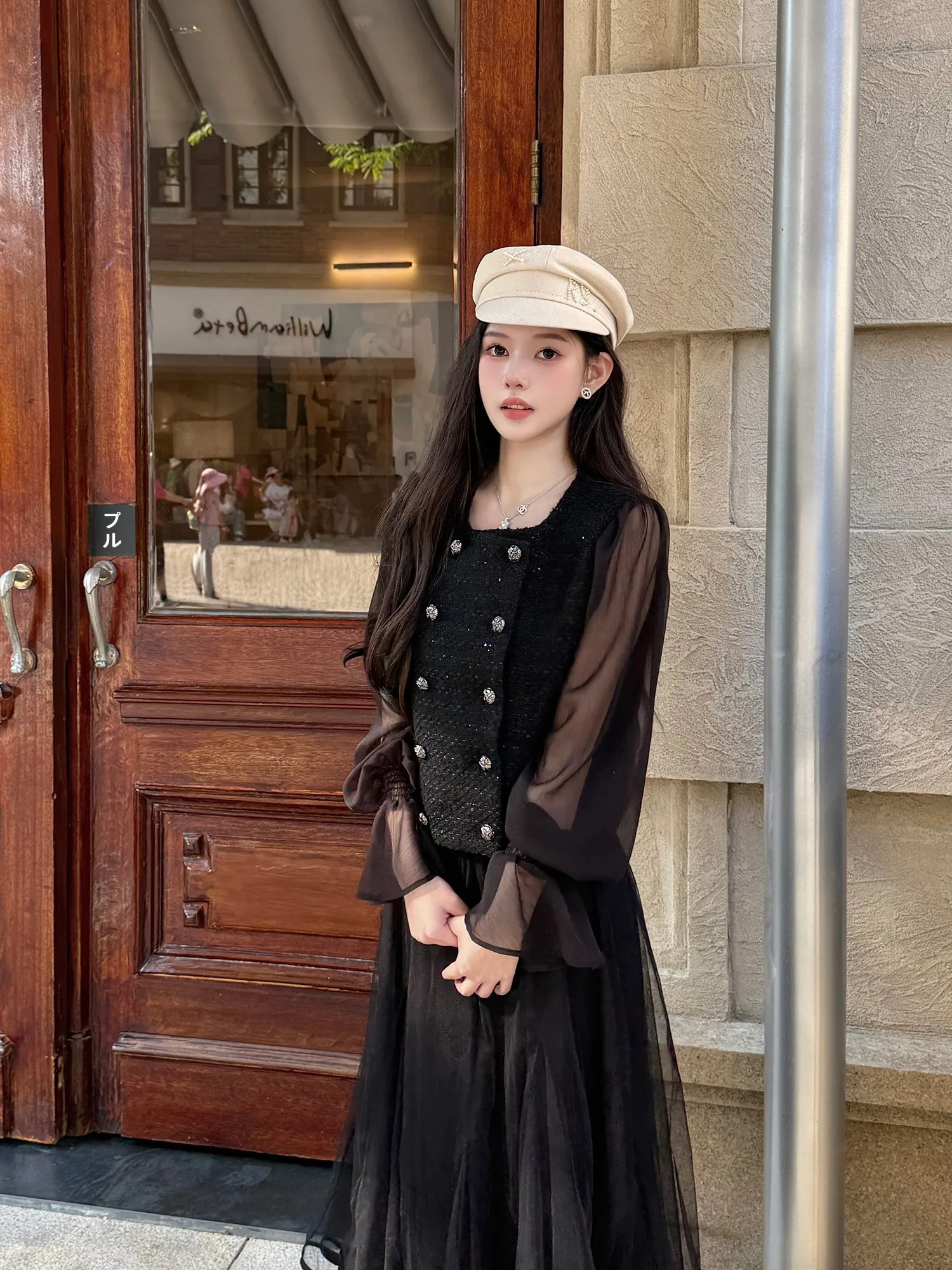 

ort Quilted Me Splicing Outerwear Women's Faion Sle Korean Ni f Skirt Set Bla Swan Design Long Sve Double Button