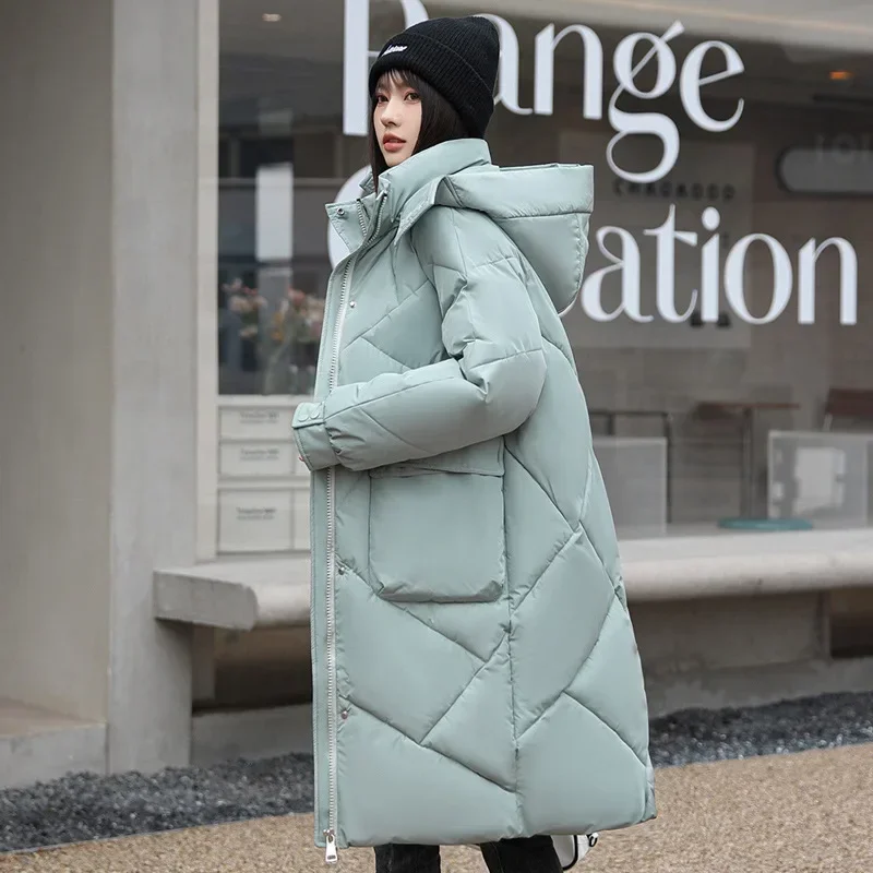 Feminino cor sólida grande bolso com capuz jaquetas casual médio longo parka outono inverno rhombic treliça casaco solto 2024