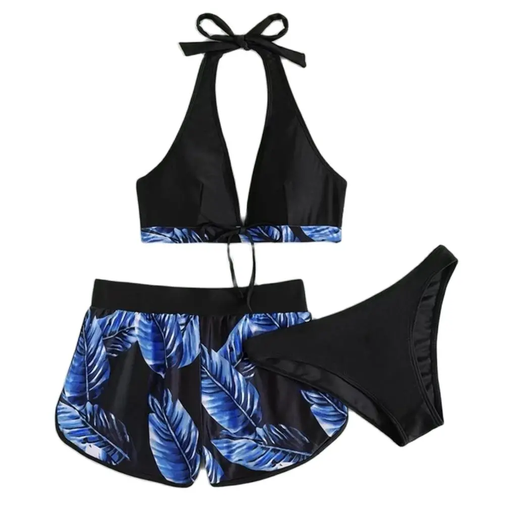 

Summer New Women Bikinis Sexy Halter Bikini 3 Piece Set Leafs Print High Waisted Female Swimsuit Beach Bathing Suit