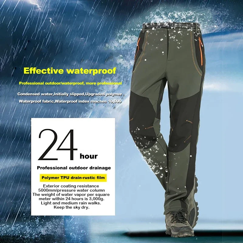 Calça de lã de inverno masculina, grossa, quente, casual, à prova d'água, cintura elástica, ao ar livre, casca macia, trekking, acampamento, esqui