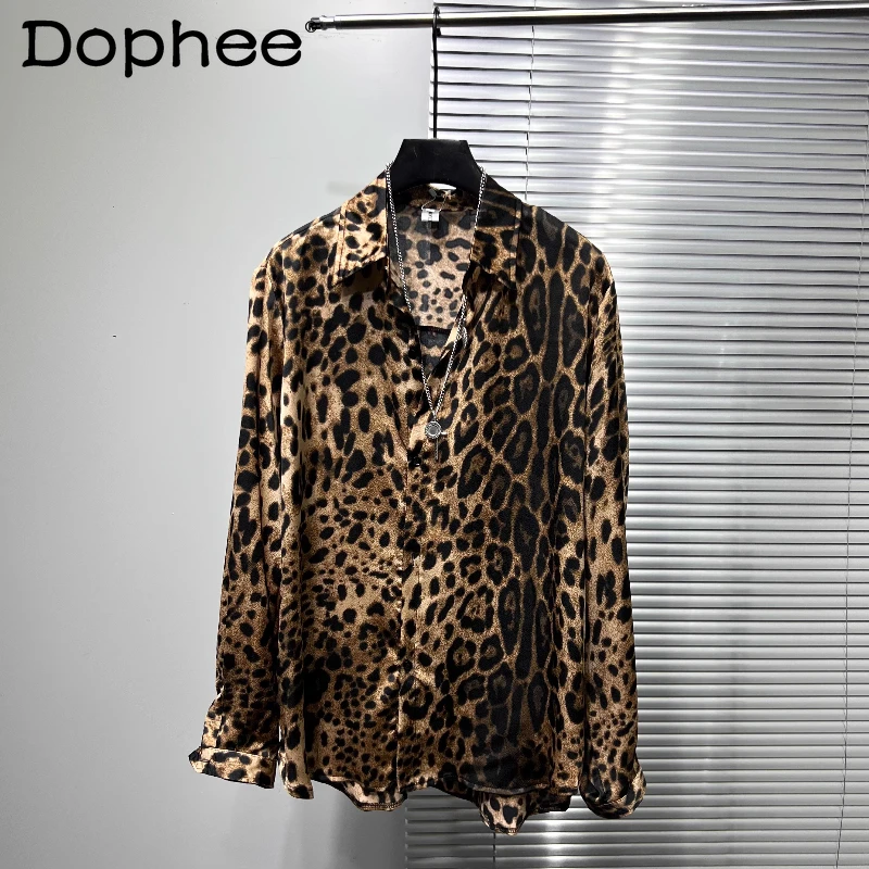 

Мужские осенние новые модные рубашки 202, куртки, рубашки с леопардовым принтом, модные шикарные рубашки из ледяного шелка с нерегулярным принтом и длинными рукавами