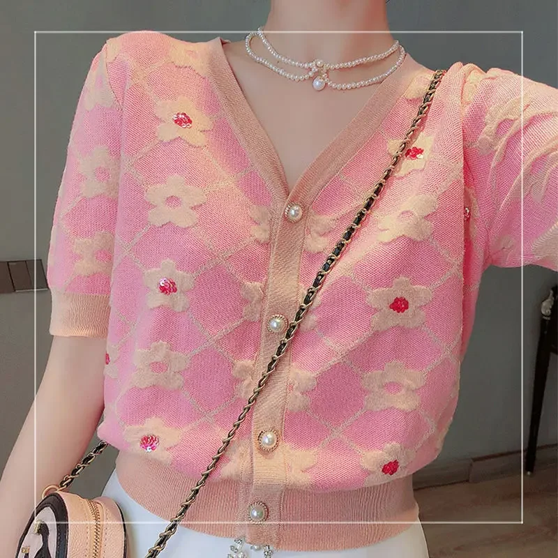 Knitted Cardigan Jacket Women Summer Ice Silk Knit T-shirt Short Sleeve Tops  Thin Designed Slim V-neck Tees Floral Embroidery