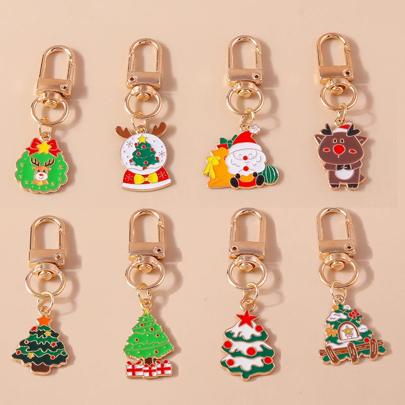 Chaveiro bonito do Natal do esmalte para mulheres e meninas, alces, Papai Noel, chaveiro, pingentes para o suporte da chave do carro, decoração da bolsa, presente da jóia DIY