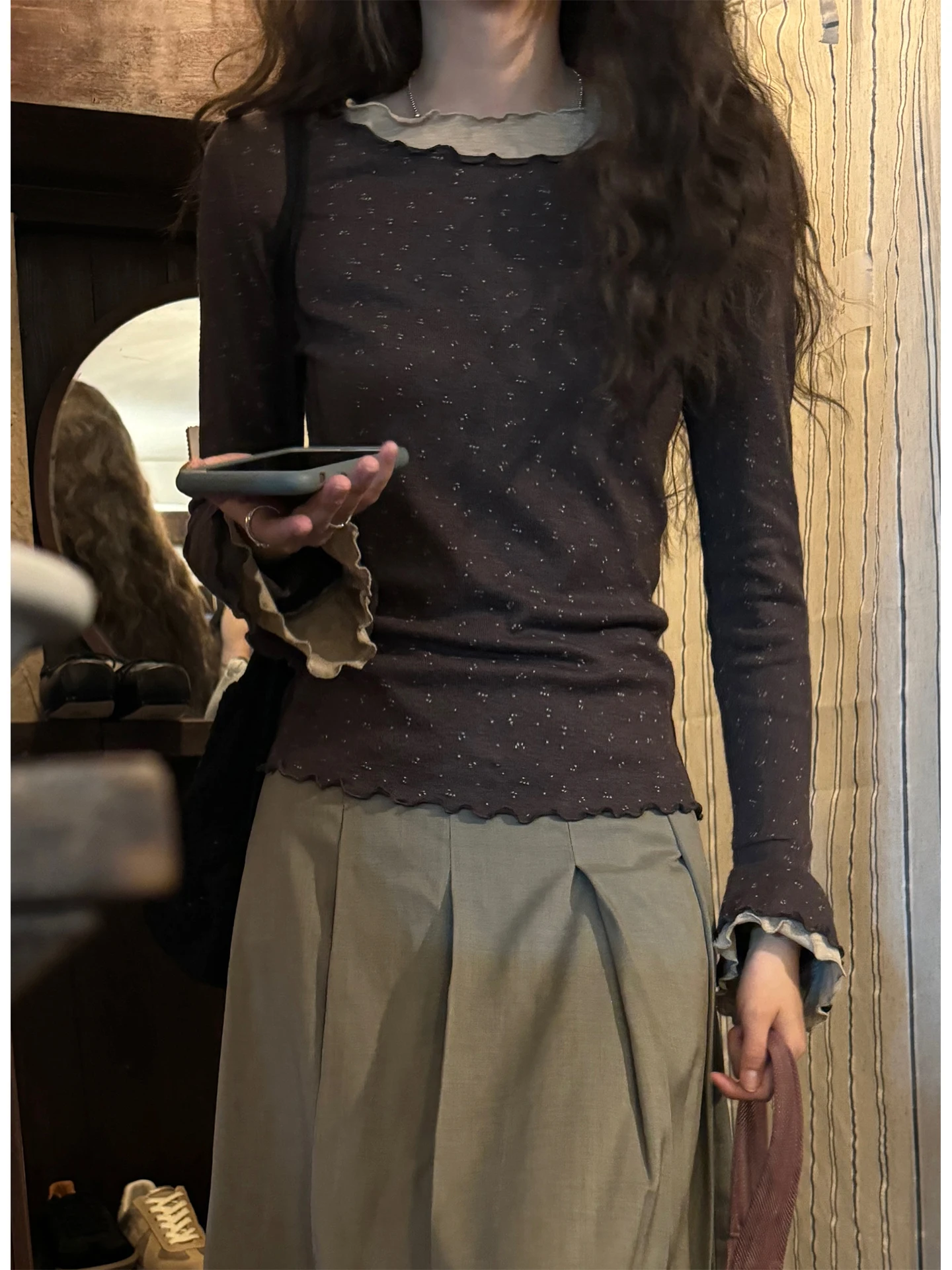 

Женская облегающая футболка с длинным рукавом в стиле ретро с цветочным принтом, топ с рукавами-лепестками JMWOMEN, осенне-зимняя модель из смесового хлопка