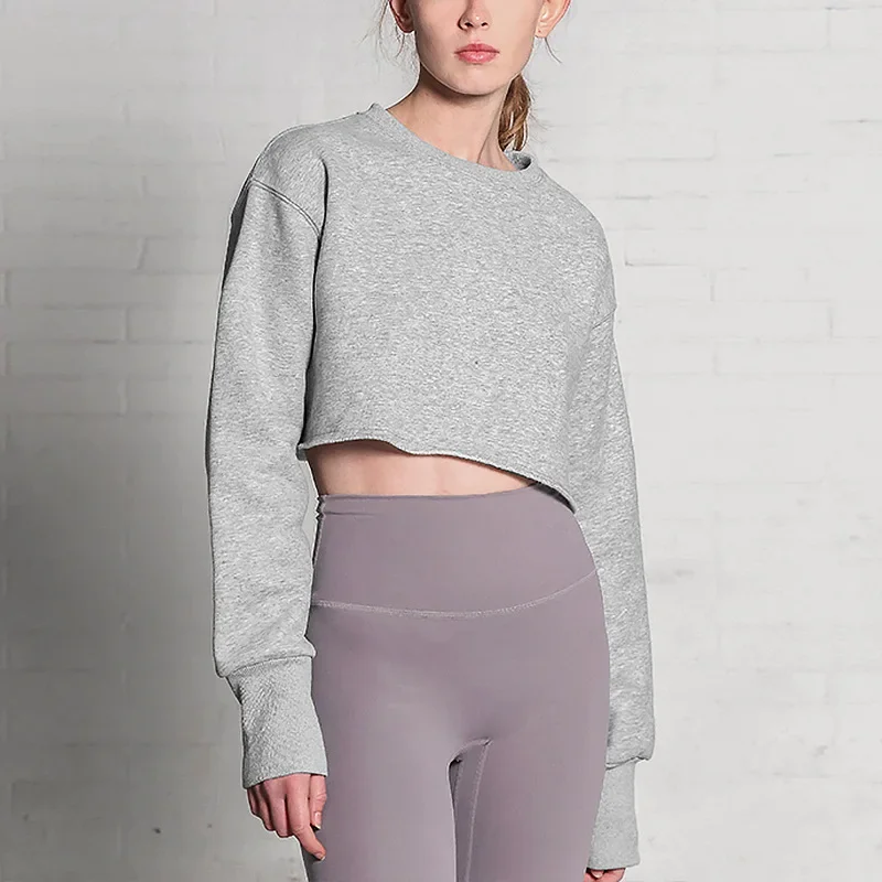 Causal 100% Cotton Short Crop Hoodie Women's Thin Round Neck High Wiast Short Pullover Ladies Long Sleeve Yoga Top Sweatshirt