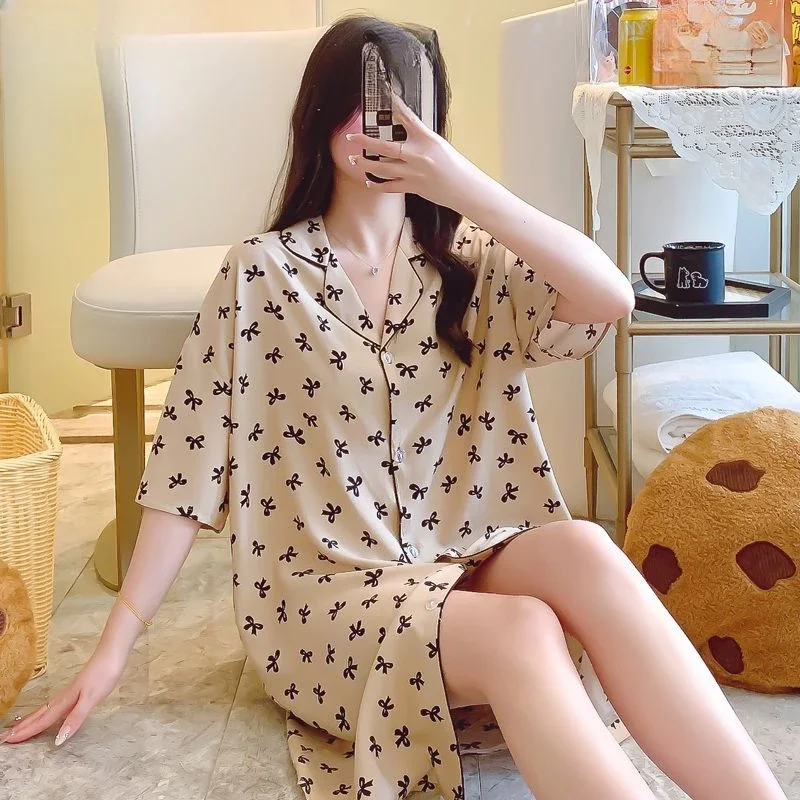 

Summertime Thin Silk Dress Pajamas Loose Plus Size Rayon Cotton Shirt Dress Comfort Soft Printing Ms. Cotton Pongee Nightdress