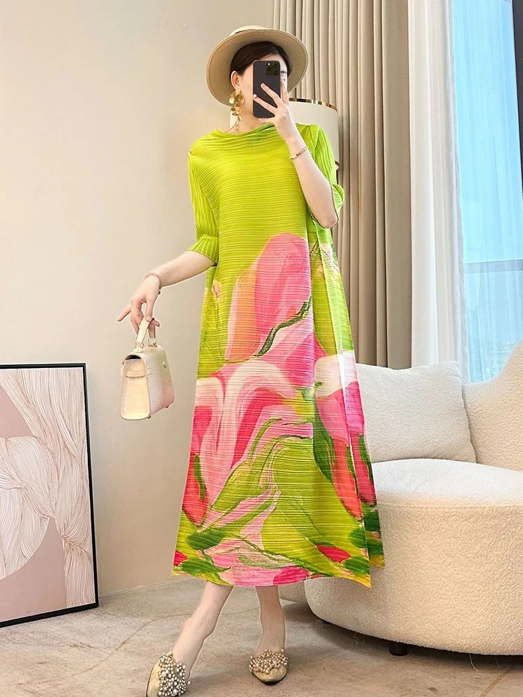 

ALSEY Loose Casual Spring Printed Pleated Dress Miyake 2025 Summer New Chic Round Neck Design Comfortable Medium Long Skirt