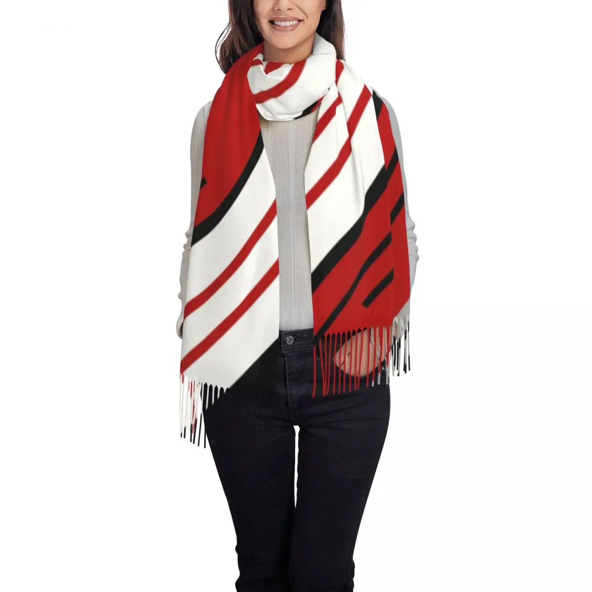 Diagonal Stripes Design Tassel Scarf Women Soft Elegant Abstract Geometric Pattern Shawls Wraps Lady Winter Scarves