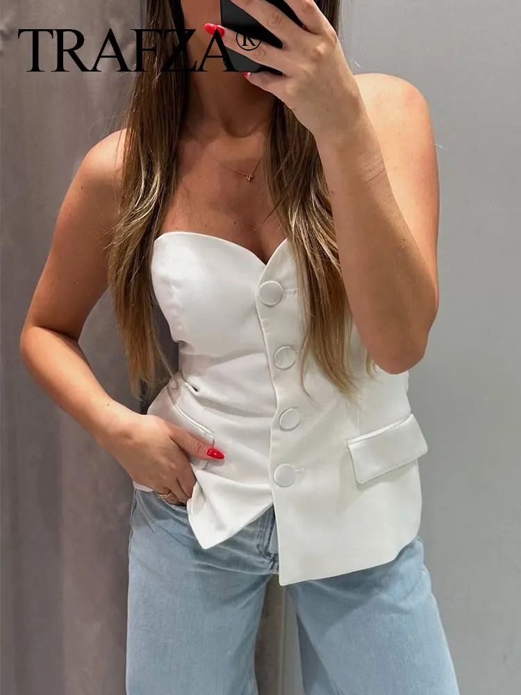 TRAFZA Summer Women Elegant White Top Front Button Corset Tube Top Strapless Sleeveless 2024 Fashion Y2k Female Chic Top