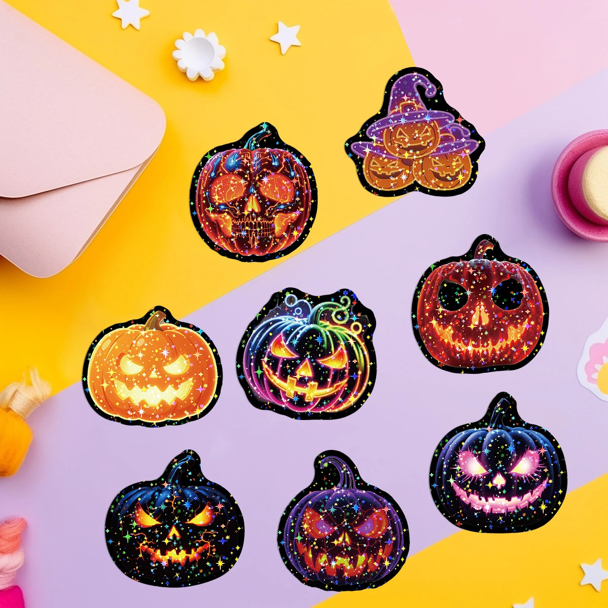 50 Halloween glow in the dark stickers, pumpkin pattern waterproof stickers decorate notebook skateboards, holiday gifts