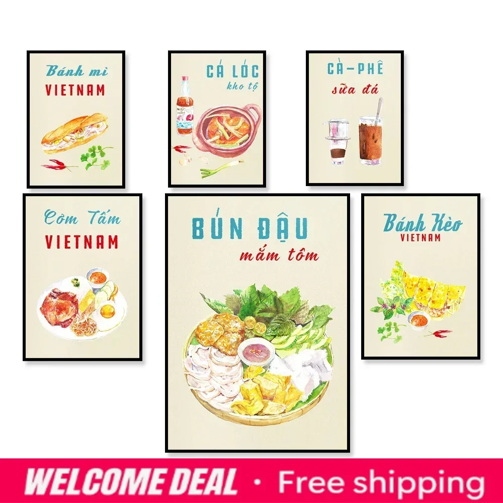 Vietnamese food poster, braised fish, tofu noodles with shrimp paste, noodles, spring rolls, asian cuisine restaurant menu bi