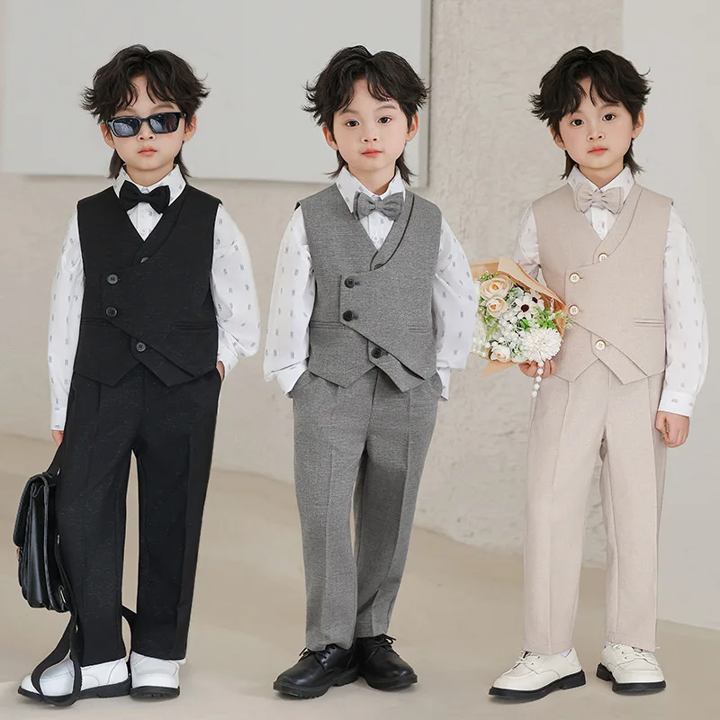 Boys Asymmetric Vest Suit Set 2-12 Years School Kids Gentleman Formal Outfit for Wedding Birthday Party Pageant Host Performance