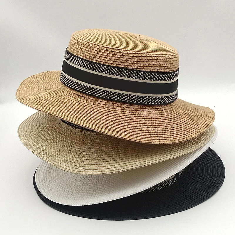 Trend Fashion Retro Summer Flat Top Wide Brim Woven Straw Hat for Women Holiday Beach Sunscreen Ribbon Top Hat Ladies Straw Hat