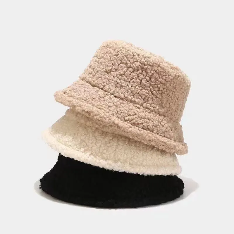 Unisex Harajuku Bucket Hat Solid Men Fishing Fisherman Hat Autumn Winter Lamb Wool Outdoor Warm Panama Cap For Women