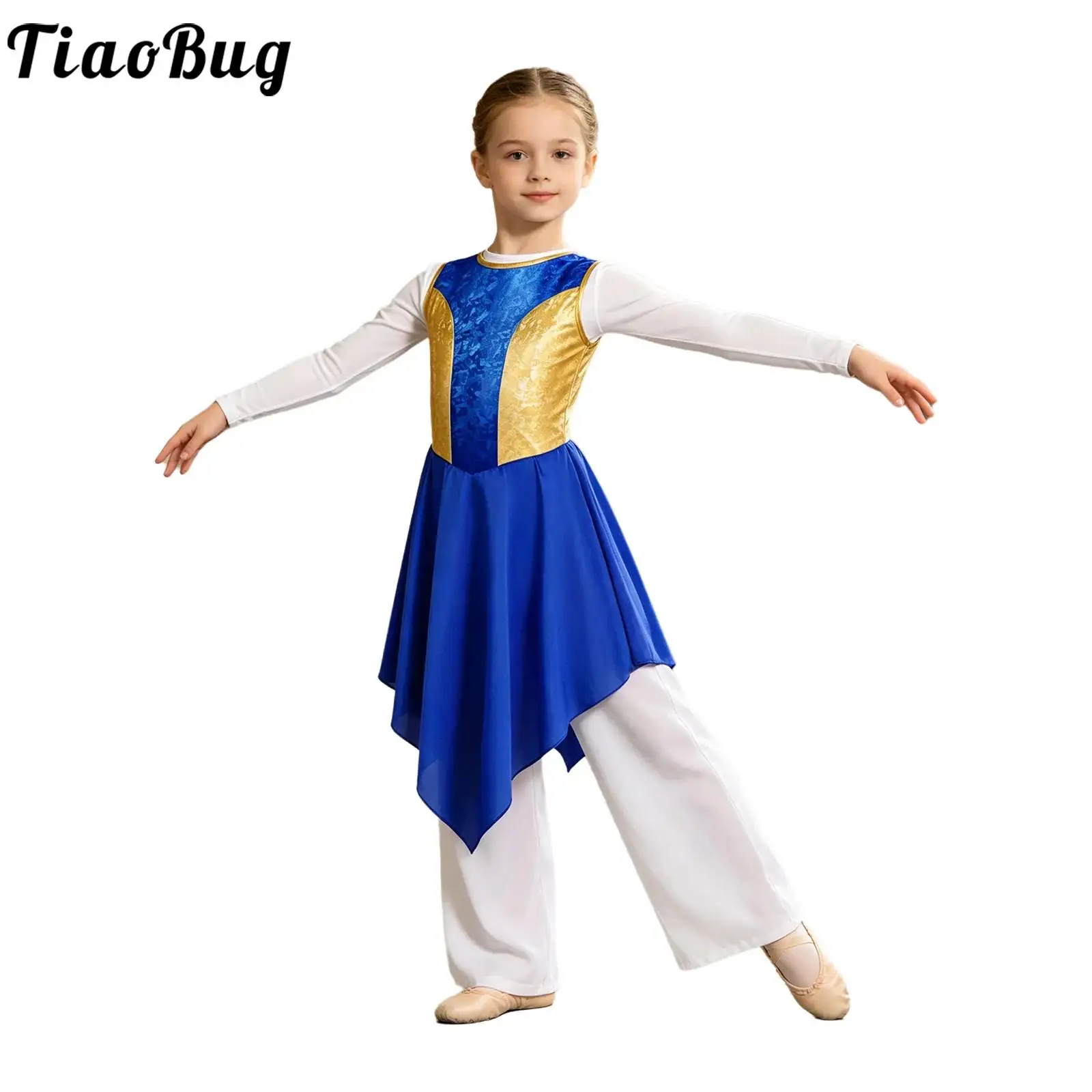 Kids Girls Praise Lyrical Liturgical Dance Tunic Dress Sleeveless Metallic Bodice Dresses Choir Worship Contemporary Dancewear