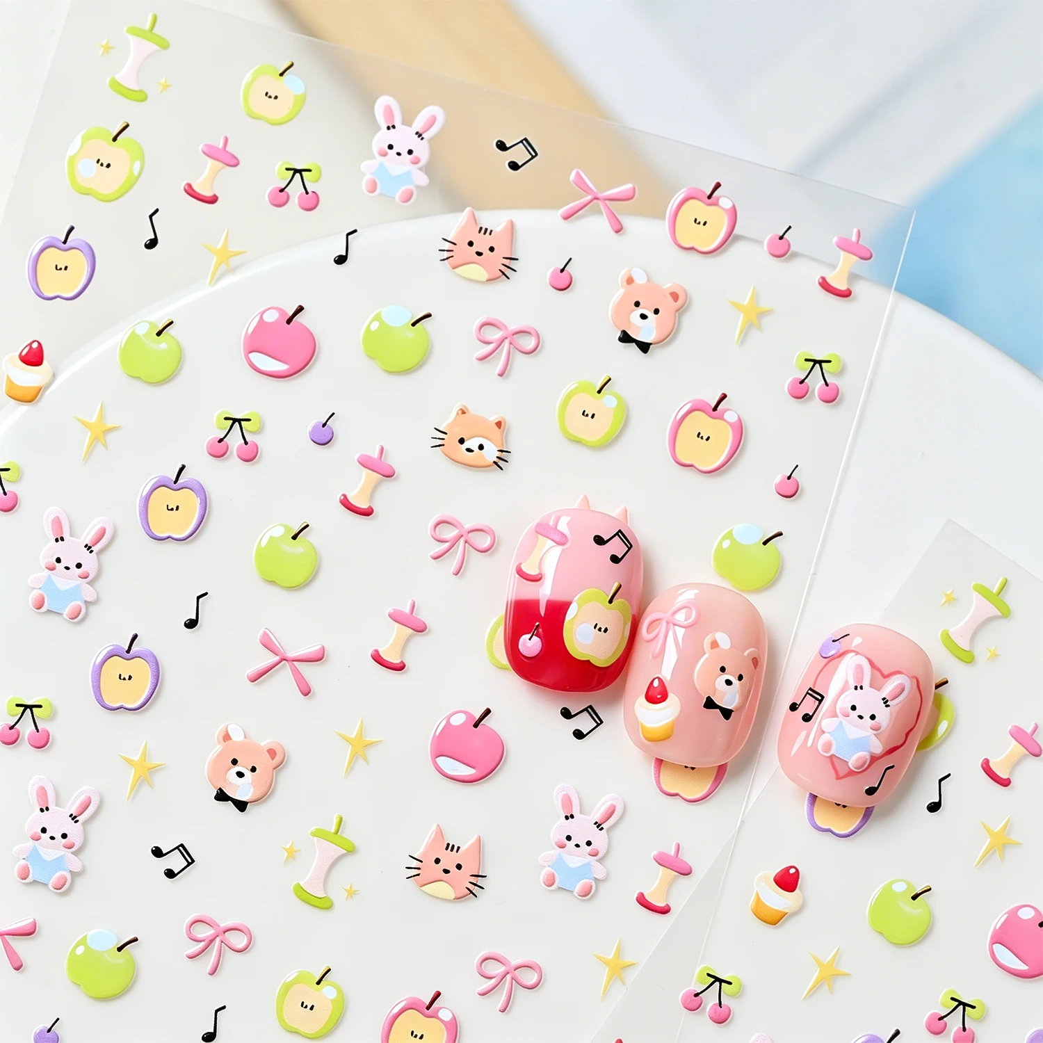 1Pcs 5D Lovely Rabbit Bear Cat Apple Nail Stickers Animal Fruit Cake Star Bow Nails Decals DIY Gift Party Makeup Manicure Decor