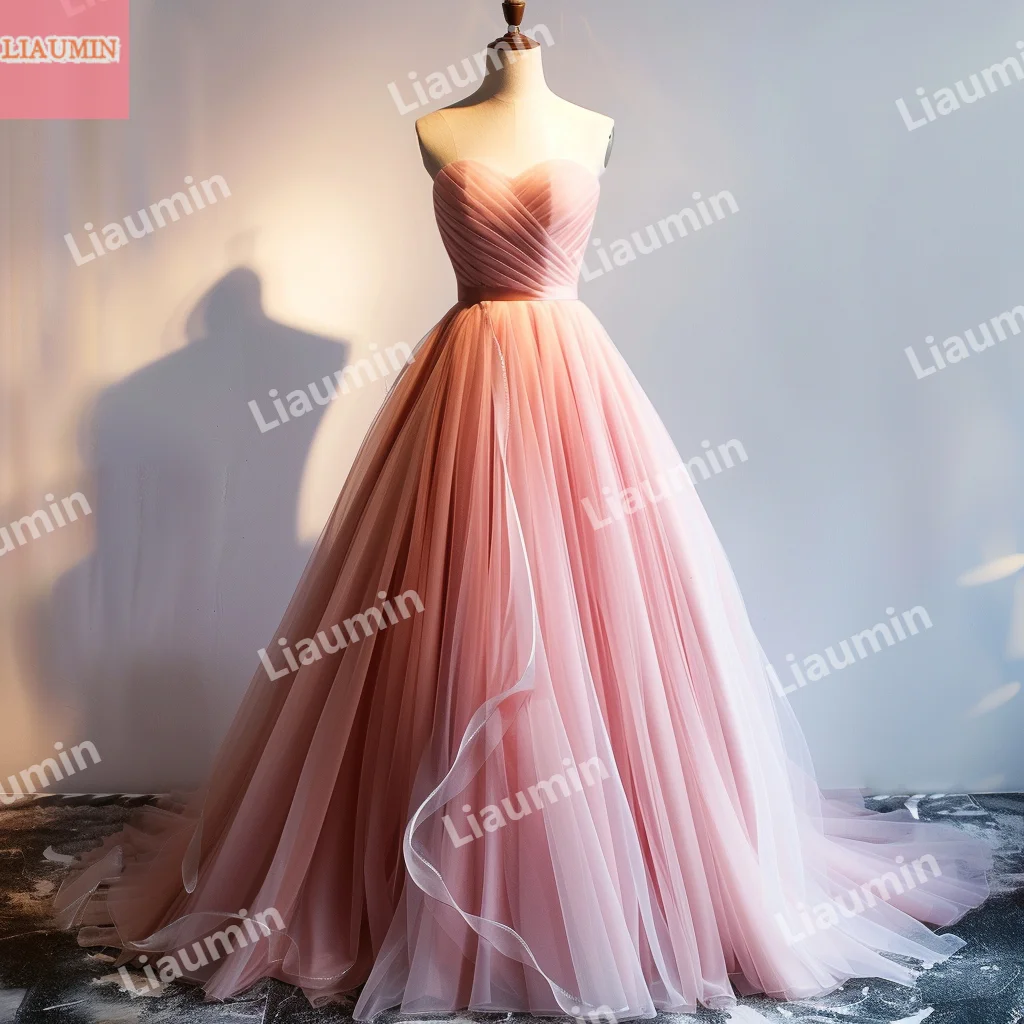 

Custom Simple Regular Pink Tulle Pleat Lace Up Back Ruched Summer Prom Dress Floor Length Strapless Evening Formal W15-48.12