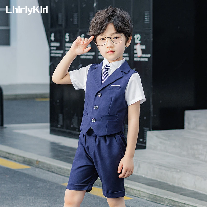 

Summer Boys Solid Color Waistcoat Shirt Shorts Formal Dress Kids Vest Wedding Clothes Sets Child Uniforms Toddler Tuxedo Costume