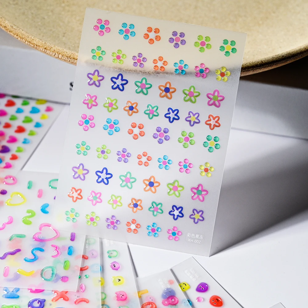 5D Jelly Star Flower Nail Sticker Kawaii Cartoon Smiling/cherry/drops Adhesive Sticker Manicure Decals for Nail Art Decorat 1pcs