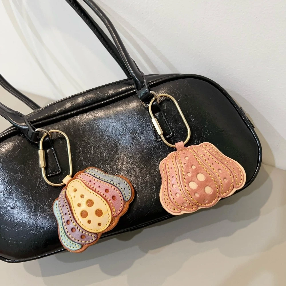 Handmade Genuine Top Grain Leather Pumpkin Shape Bag Charm, Bag Pendant & Car Keychain, Creative Handcrafted Gift for Women